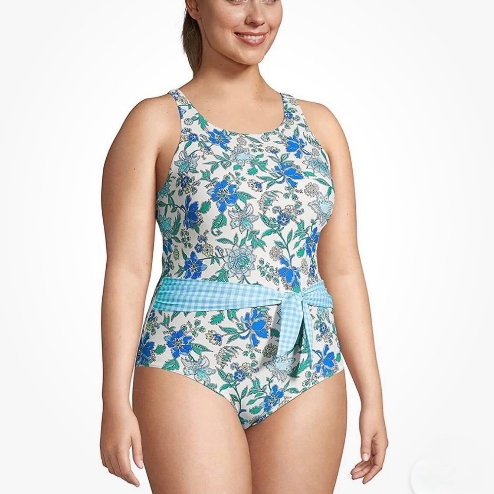 Lands' End Blue Floral Belted One Piece Tummy Control‎ Swimsuit Size 4
